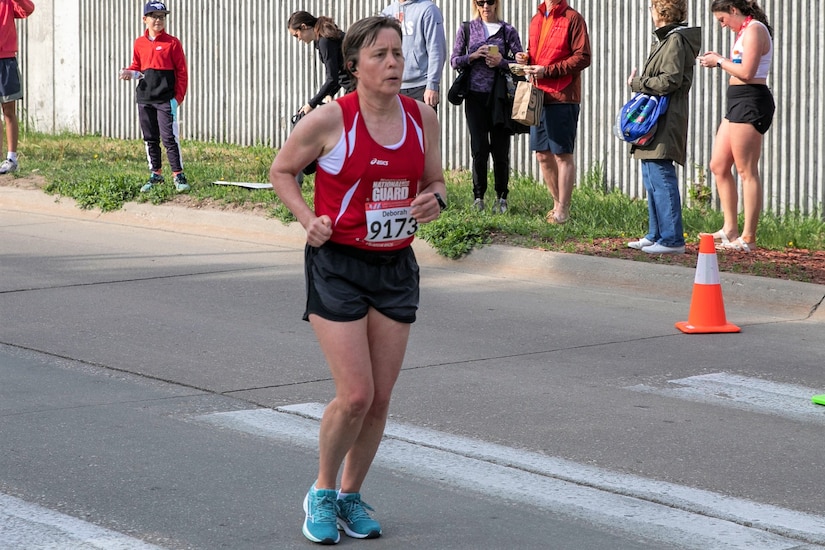 Lt. Col. Deborah Fisher of Joint Force Headquarters competes in the Lincoln Marathon May 7 in Lincoln, Nebraska. The race served as the tryout for the All-Guard Marathon Team. (U.S. Army National Guard photo by Sgt. Gauret Stearns)