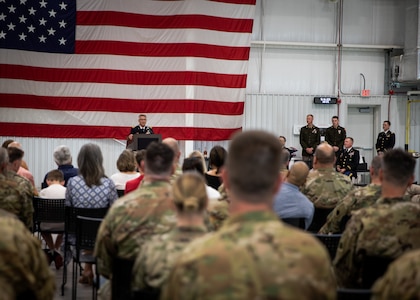 Brig. Gen. Jon Harrison, former assistant adjutant general for Oklahoma, speaks during his retirement ceremony at the Army Aviation Support Facility in Lexington, Oklahoma, May 6, 2023. Harrison built a distinguished career over the course of 39 years and earned many awards for his service, including the Legion of Merit and Bronze Star Medal. (Oklahoma National Guard photo by Spc. Danielle Rayon)