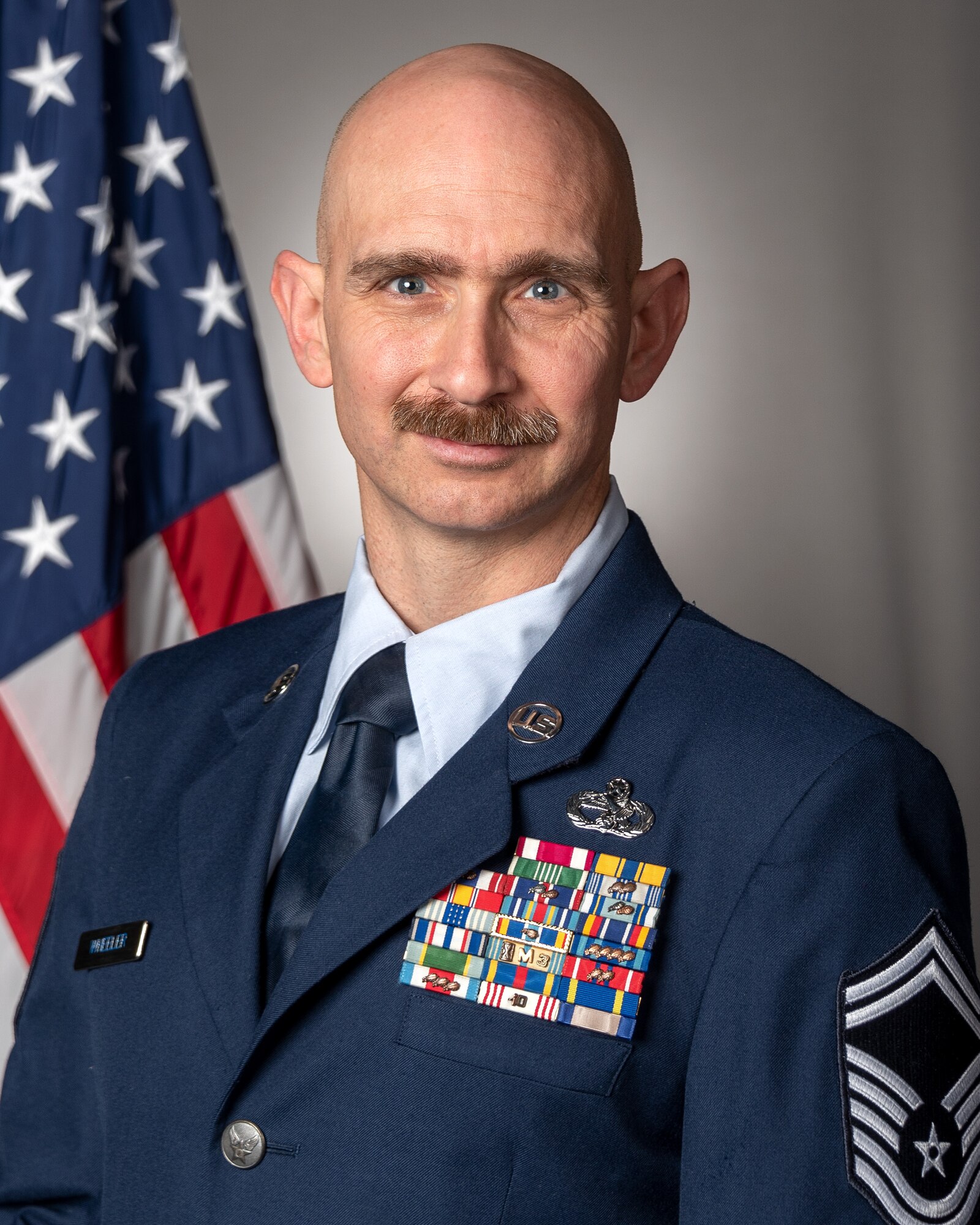U.S. Air Force Senior Master Sgt. Bradley Wheeler, a human resource advisor with the 182nd Airlift Wing, Illinois Air National Guard, poses for a portrait in Peoria, Illinois, April 2, 2023.