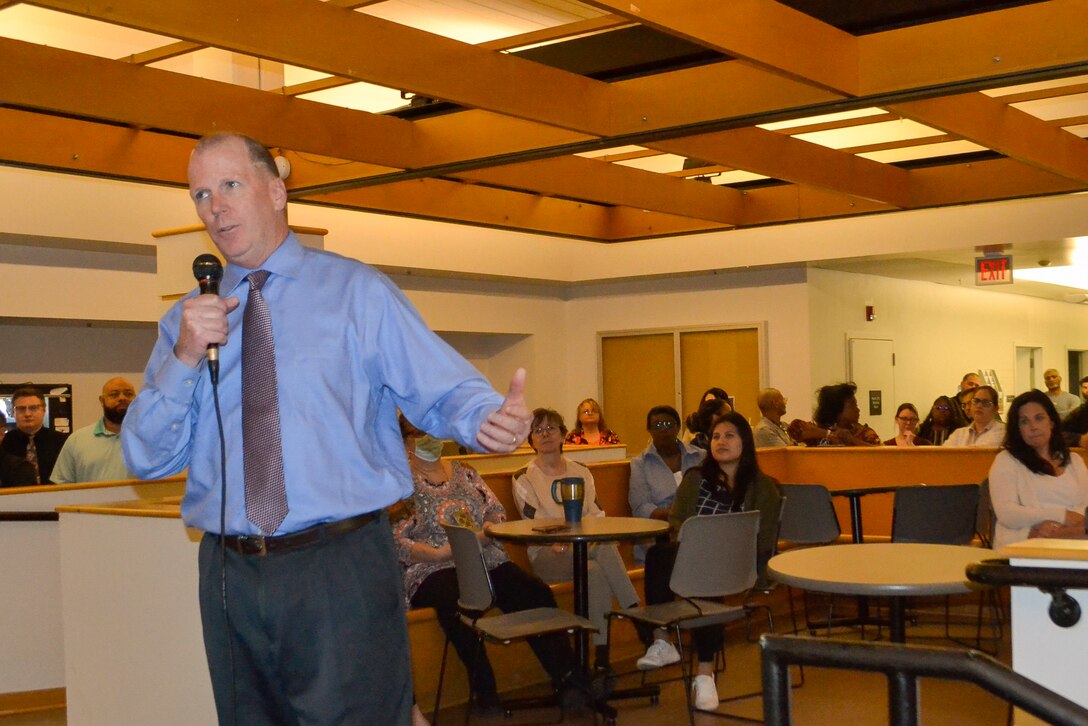 DLA Troop Support C&E Deputy Director Tom Grace speaks to employees at a cultural improvement team event May 10. The CIT focuses on improving the climate and culture of the workforce by developing events and programs to enrich the workplace.