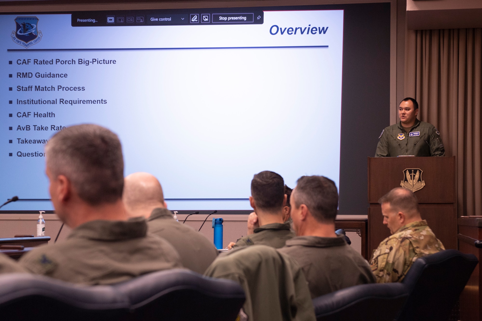 U.S. Air Force Maj. Ty Perich, Air Force Personnel Center F-16 assignments officer, brief Combat Air Force career field health during the 2023 CAF Realistic Training Review Board at Langley Air Force Base, Virginia, April 24, 2023. Perich’s brief focused on aircraft manning, staff positions and training. (U.S. Air Force photo by Tech. Sgt. Joshua Edwards)