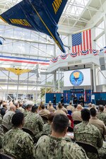 Rear Adm. Pete Garvin, center, commander, Naval Education and Training Command (NETC), delivers his opening remarks on NETC’s fiscal year 2022 Sailor of the Year (SOY) candidates during NETC’s SOY announcement and award ceremony at the National Naval Aviation Museum in Pensacola, Florida, May 11, 2023. NETC's mission is to recruit, train and deliver those who serve our nation, taking them from street-to-fleet by forging civilians into highly skilled, operational and combat ready warfighters. (United States Navy photo by Mass Communication Specialist 2nd Class Zachary Melvin)