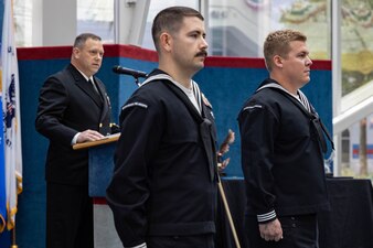 Force Master Chief Rick Mengel, left, Naval Education and Training Command’s (NETC) force master chief, introduces NETC’s fiscal year 2022 Sailor of the Year (SOY) candidates during NETC’s SOY announcement and award ceremony at the National Naval Aviation Museum in Pensacola, Florida, May 11, 2023. NETC's mission is to recruit, train and deliver those who serve our nation, taking them from street-to-fleet by forging civilians into highly skilled, operational and combat ready warfighters. (United States Navy photo by Mass Communication Specialist 2nd Class Zachary Melvin)