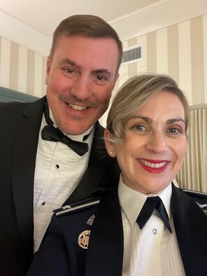 Steven Bogstie poses with his spouse Col. Heather Bogstie, SML, Acq Delta - Resilient Missile Warning, Tracking,
Defense, SSC before heading to the first annual U.S. Space Force Ball in Los Angeles, Calif. SBD 3 highlights our military spouses for Military Spouse Appreciation Day, May 12, 2023.