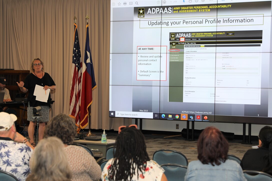 Teri Conley, an emergency management specialist, briefs U.S. Army Corps of Engineers (USACE) Galveston District employees on the importance of accountability during emergencies during a townhall meeting on hurricane season preparation.

Conley also explained how USACE uses the Army Disaster Personnel Accountability and Assessment System, or ADPAAS, to facilitate accountability during emergency operations.