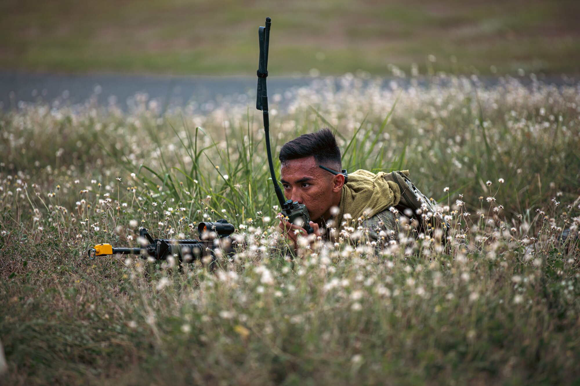 A Philippine Air Force member communicates with their team during subject matter expert exchanges as part of exercise Cope Thunder at Basa Air Base, Philippines, May 8, 2023. Training exercises like these enhance capability and interoperability, while strengthening trust between like-minded nations to ensure the air, maritime, cyber and space domains remain open to all nations. (U.S. Air Force photo by Senior Airman Sebastian Romawac)