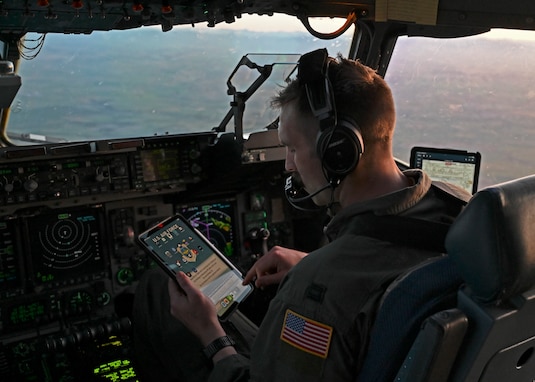 U.S. Air Force Capt. Heath Reichenbach, pilot with the 7th Expeditionary Airlift Squadron, flies a C-17 Globemaster III assigned to Joint Base Lewis-McChord, Washington, during DEFENDER 23 over Spain, May 10, 2023. DEFENDER 23 is a U.S. Army Europe and Africa-led exercise, supported by U.S. Air Forces in Europe – Air Forces Africa, focused on the strategic deployment of continental United States-based forces and interoperability with Allies and partners. Taking place from April 22 to June 23, DEFENDER 23 demonstrates the U.S. Air Force’s ability to aggregate U.S.-based combat power quickly in Europe; increase lethality of the NATO Alliance through the U.S. Air Force’s Agile Combat Employment; build unit readiness in a complex joint, multi-national environment; and leverage host nation capabilities to increase USAFE-AFAFRICA’s operational reach. DEFENDER 23 includes more than 7,800 U.S. and 15,000 multi-national service members from various Allied and partner nations. (U.S Air Force photo by Senior Airman Callie Norton)