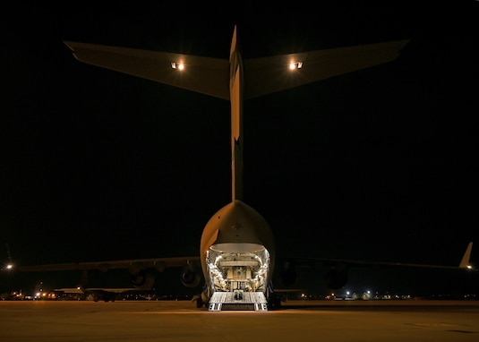 A U.S. Air Force C-17 Globemaster III assigned to Joint Base Lewis-McChord, Washington, prepares for takeoff during DEFENDER 23 at Base Aerea De Zaragoza, Spain, May 10, 2023. DEFENDER 23 is a U.S. Army Europe and Africa-led exercise, supported by U.S. Air Forces in Europe – Air Forces Africa, focused on the strategic deployment of continental United States-based forces and interoperability with Allies and partners. Taking place from April 22 to June 23, DEFENDER 23 demonstrates the U.S. Air Force’s ability to aggregate U.S.-based combat power quickly in Europe; increase lethality of the NATO Alliance through the U.S. Air Force’s Agile Combat Employment; build unit readiness in a complex joint, multi-national environment; and leverage host nation capabilities to increase USAFE-AFAFRICA’s operational reach. DEFENDER 23 includes more than 7,800 U.S. and 15,000 multi-national service members from various Allied and partner nations. (U.S Air Force photo by Senior Airman Callie Norton)