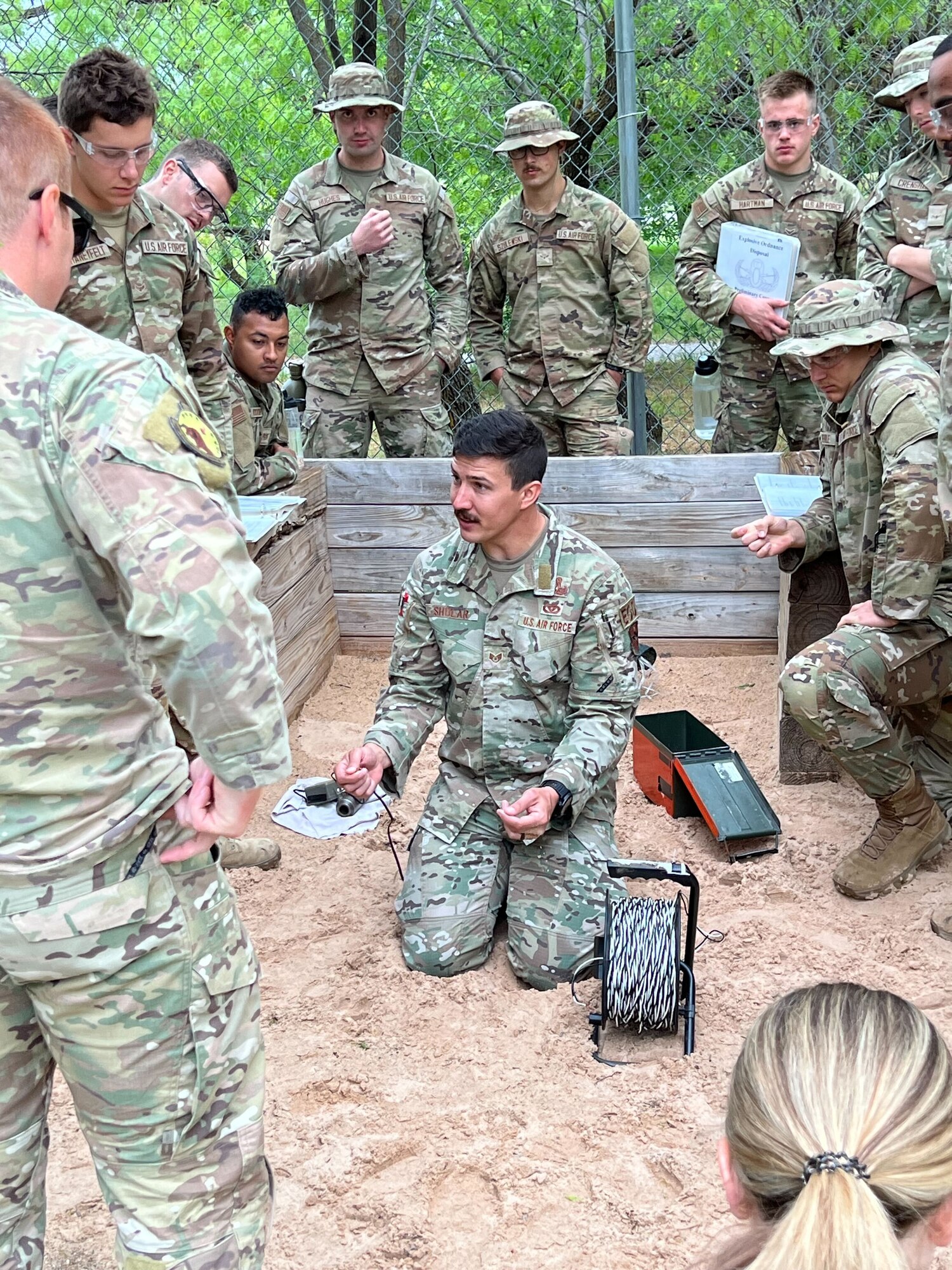 U.S. Air Force students are training at the Explosive Ordnance Disposal preliminary course May 3, 2023, at Sheppard Air Force Base, Texas. The students will spend the next few weeks here before they move on to the Naval School EOD course at Eglin Air Force Base in Florida. (U.S. Air Force photo by Julie Svoboda)