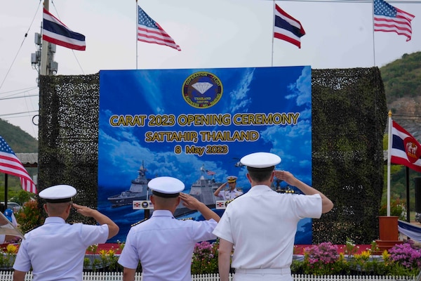 U.S. and Royal Thai navy officers rehearse for the opening ceremony of Cooperation Afloat Readiness and Training (CARAT)/Marine Exercise (MAREX) Thailand 2023 at Royal Thai Fleet Headquarters.