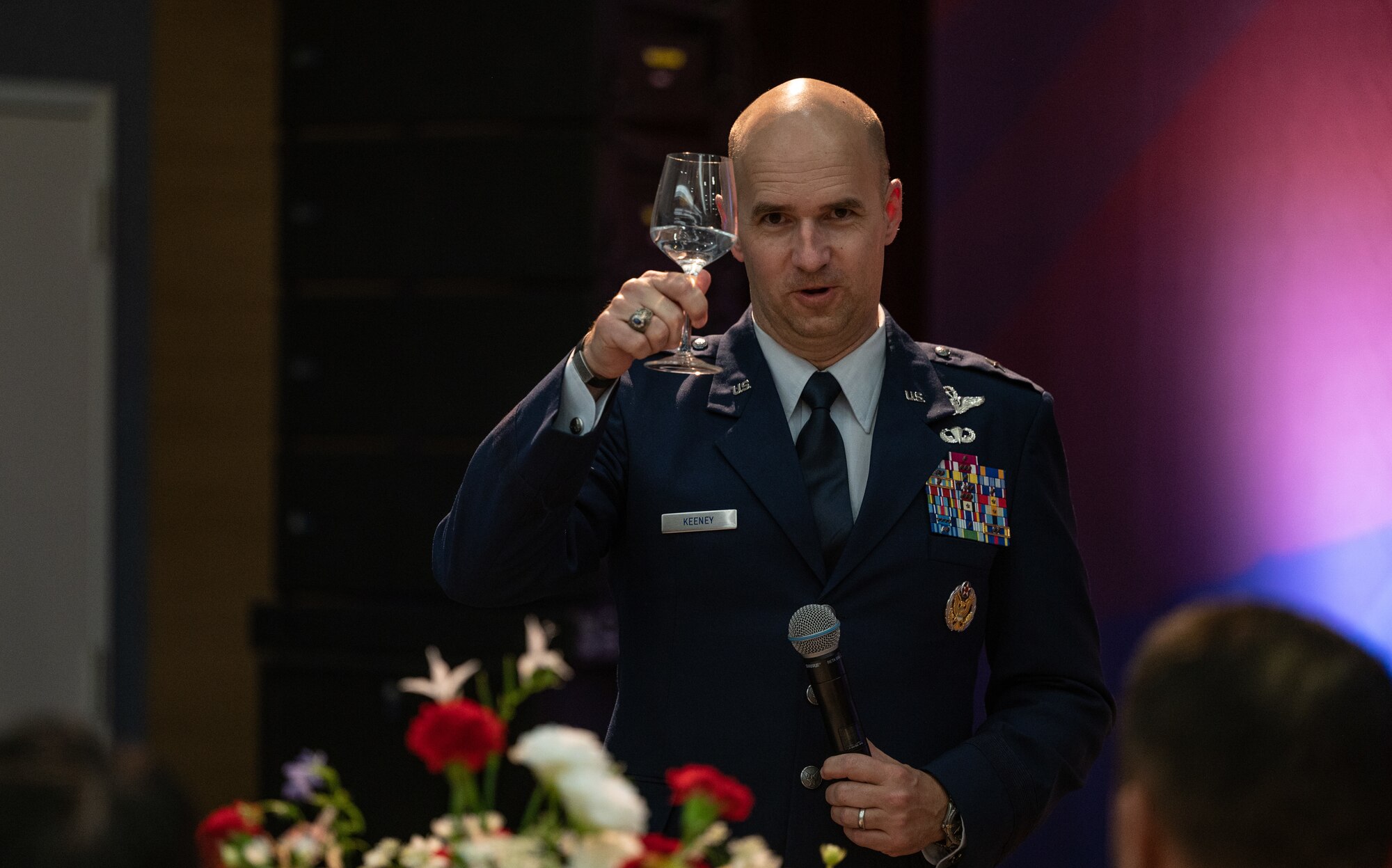 U.S. Air Force Brig. Gen. Ryan P. Keeney, 7th Air Force deputy commander, speaks and gives a toast during the Dean Hess Commemorative Ceremony at Jeju Aerospace Museum, Jeju, Republic of Korea, May 11, 2023