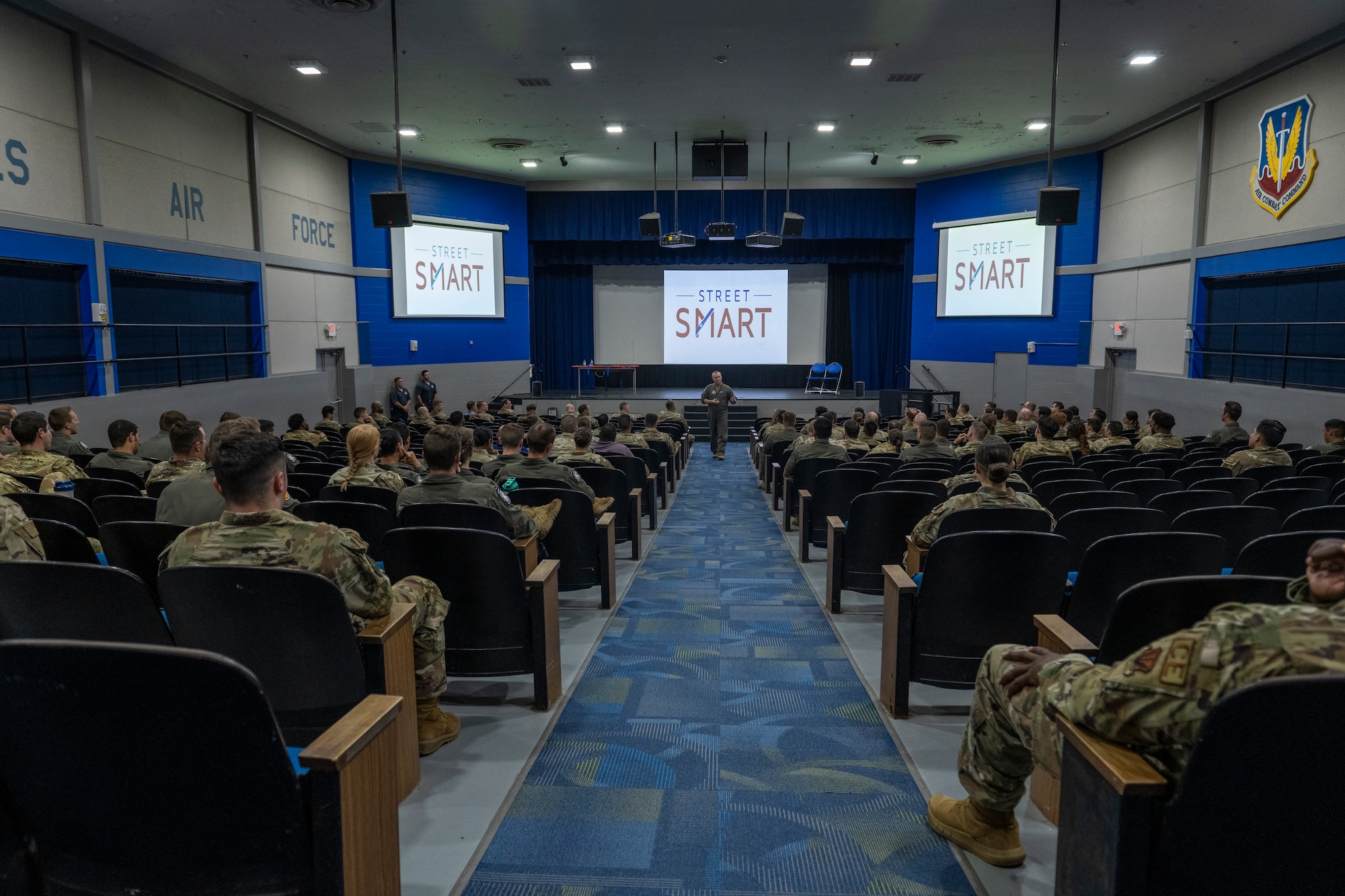 U.S. Air Force Col. Ryan Hayde, 23rd Wing vice commander, provides opening remarks during a Street Smart presentation