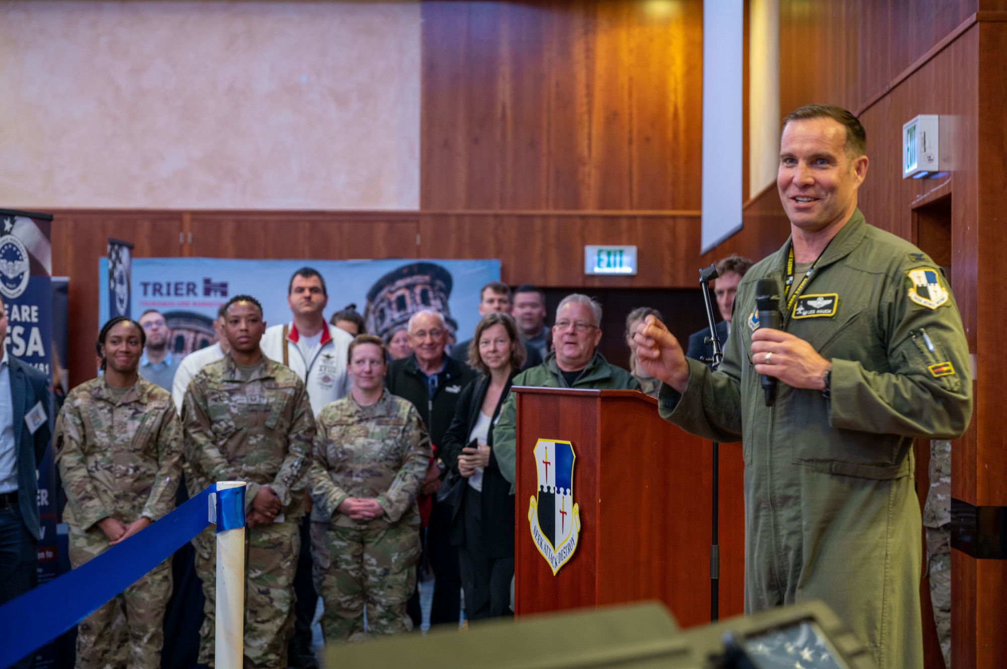 U.S. Air Force Col. Leslie Hauck, 52nd Fighter Wing commander, gives a speech during Explore the Eifel May 12, 2023, at Spangdahlem Air Base, Germany. The 52nd FW exists today as a key asset in the security of U.S. and NATO interests in the region and continues to deploy in support of both contingency operations. (U.S. Air Force photo by Senior Airman Jessica Sanchez-Chen)