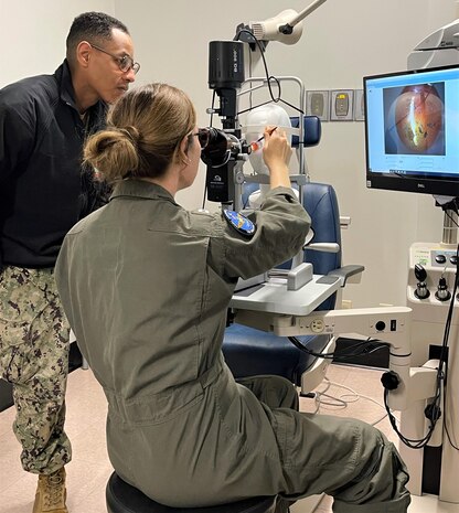 Clearing the fog of FOD…Ocular trauma training with a focus on foreign body removal was conducted at Naval Health Clinic Oak Harbor’s Optometry by Lt. Courtney Rafferty, clinic optometrist, assisted by Hospital Corpsman 2nd Class Christopher Cruz. The training covered such optical concerns as removing metallic foreign bodies from the eye. The techniques used were part of ensuring competency to provide comprehensive eye and vision care needed for optimal – and ocular - mission readiness (courtesy photo)