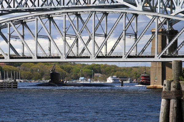 The first-in-class USS Virginia (SSN 774) gets underway as part of Exercise Agile Player 2023 (AP23) at Naval Submarine New London in Groton, Connecticut, May 3, 2023.