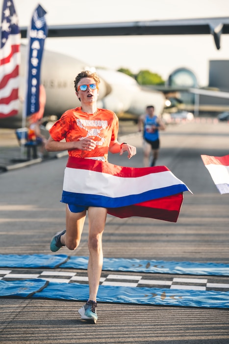 Dominic Colussi finishes first in the Men’s Elite race during the inaugural Museum Mile event hosted by the Air Force Marathon Office May 11 at the National Museum of the U.S. Air Force, Dayton, Ohio.