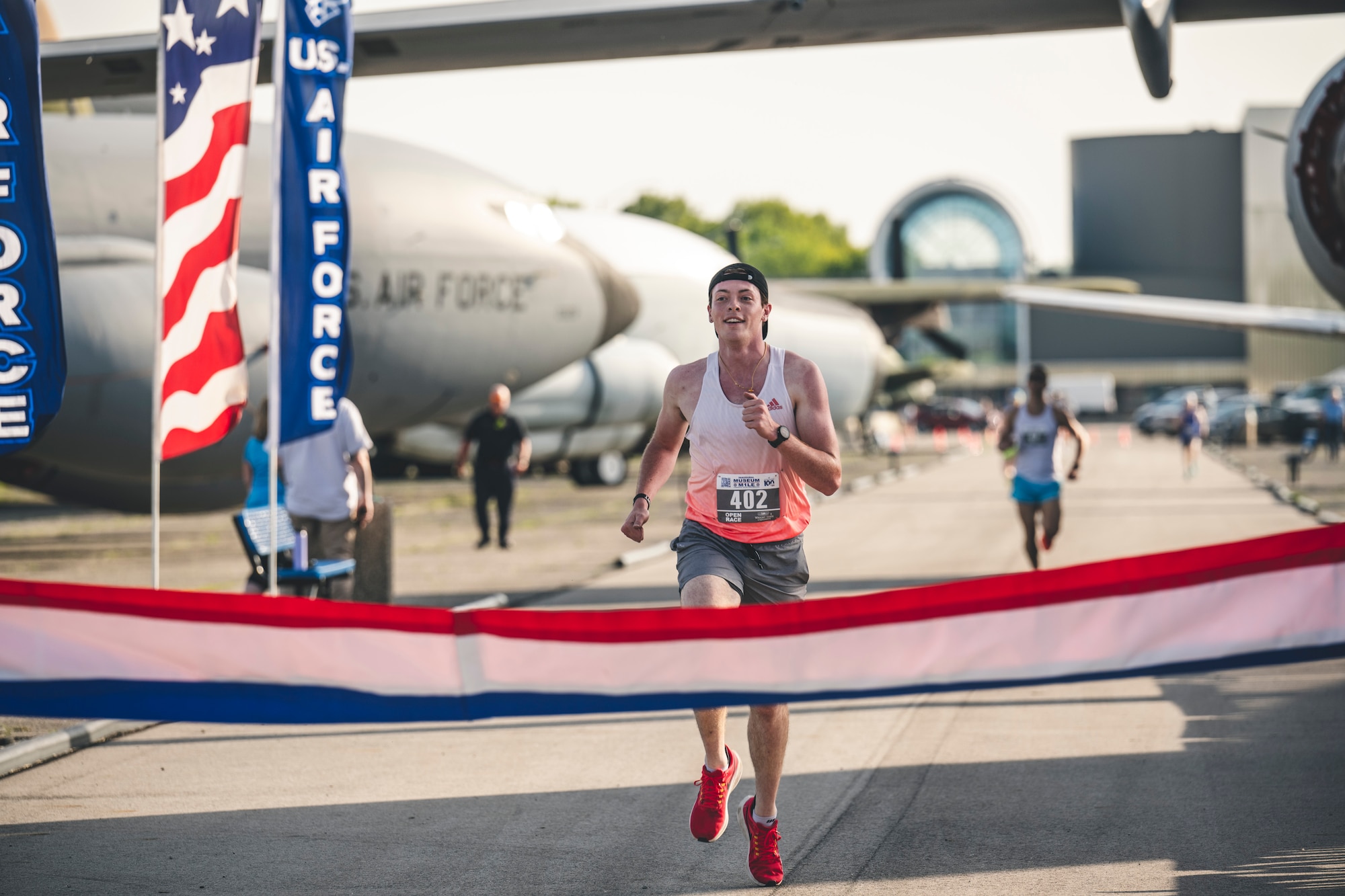 Dylan Whitson finishes first in the Open Race during the inaugural Museum Mile event hosted by the Air Force Marathon Office May 11 at the National Museum of the U.S. Air Force, Dayton, Ohio.