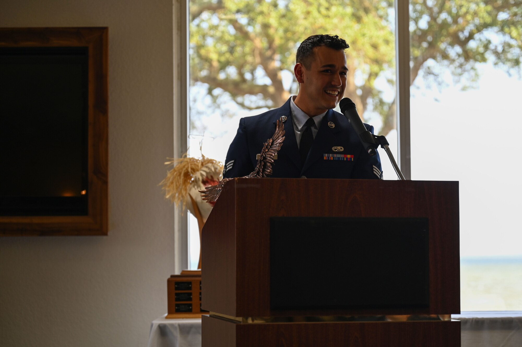 Senior Airman Anthony Karam, 16th Electronic Warfare Squadron avionics technician, gives a speech during Airman Leadership School (ALS) class 23-D graduation after receiving the John L. Levitow Award at Eglin Air Force Base, Fla., May 11, 2023. The John L. Levitow Award is the highest award for enlisted Professional Military Education in the Air Force and is presented to the student who demonstrates the most outstanding leadership and scholastic achievement throughout ALS. (U.S. Air Force photo by Staff Sgt. Ericka A. Woolever)