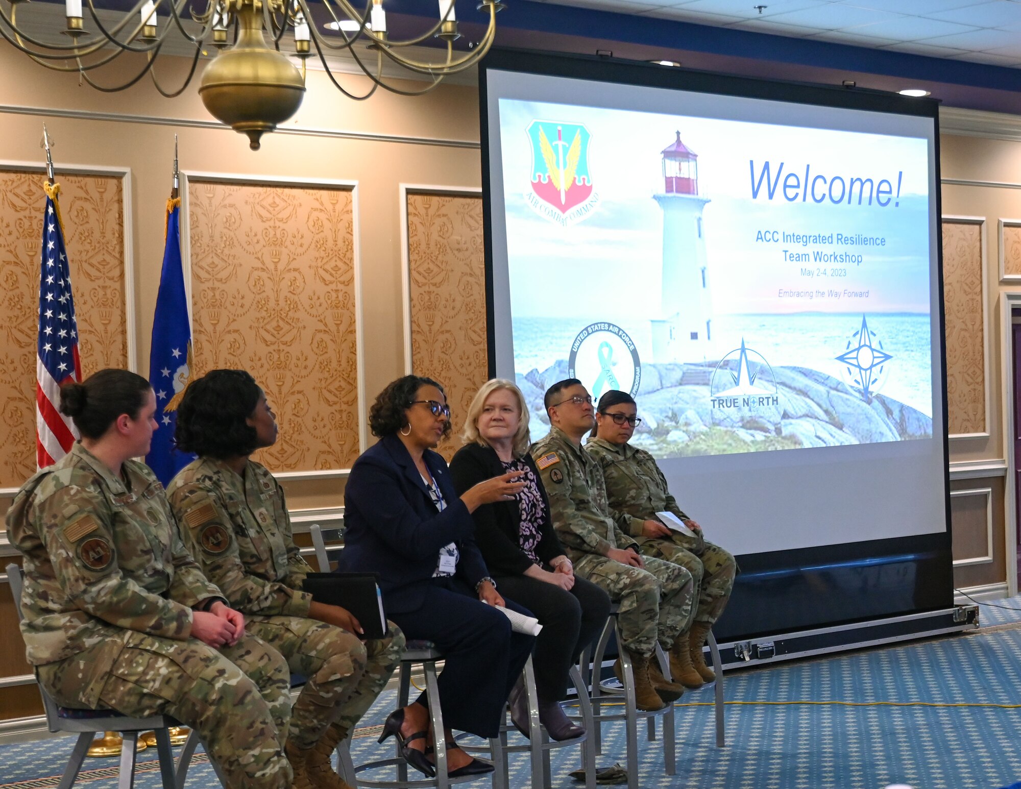 U.S. Air Force Resilience and Prevention personnel discuss the way forward during the 2023 Air Combat Command Integrated Resilience Workshop Conference at Langley Air Force Base, Virginia, May 1 to 4, 2023. Part of the 2023 conference included talking about what each attendee’s roles would look like with the changes being implemented. (U.S. Air Force photo by Staff Sgt. Dana Tourtellotte)