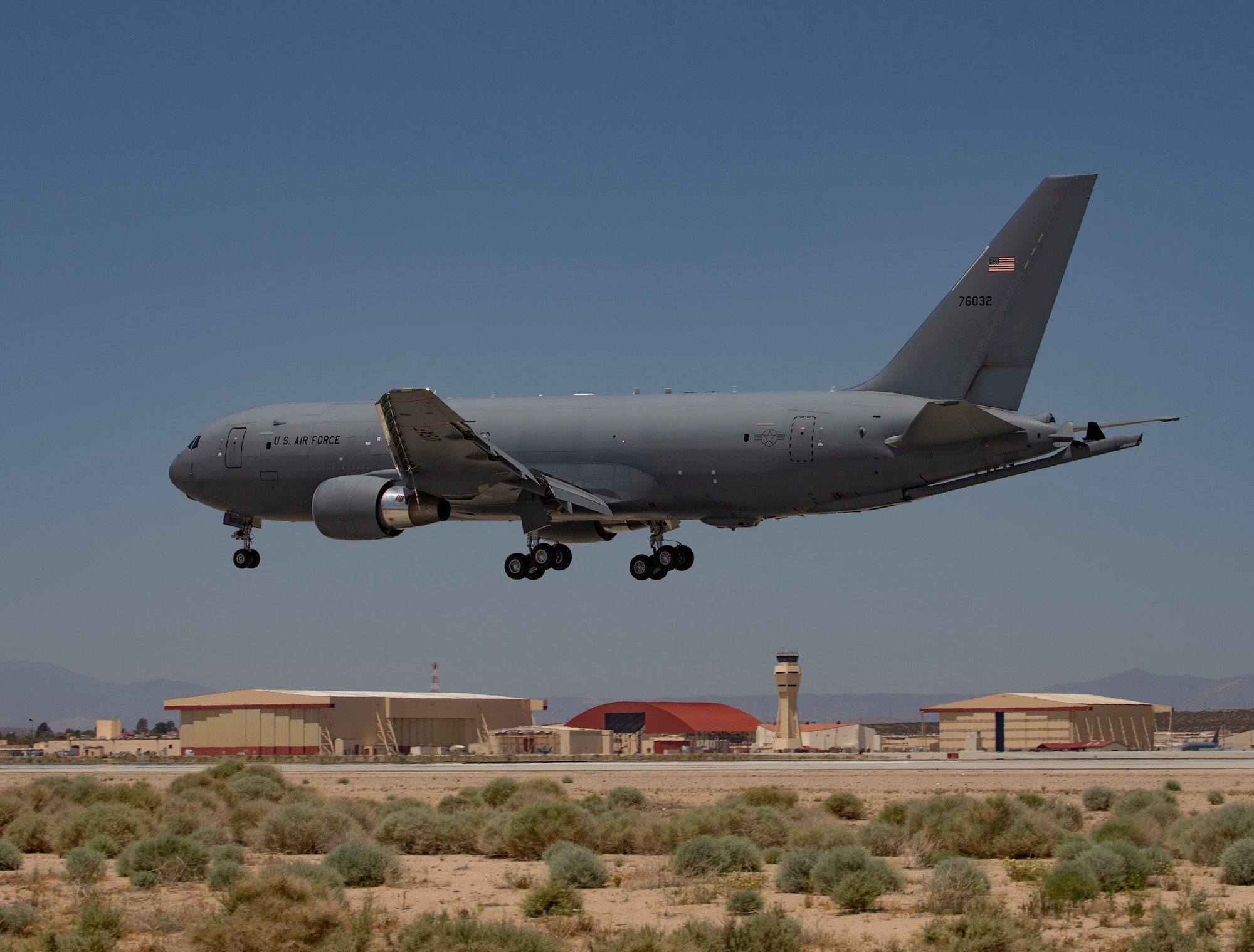 A KC-46 Pegasus assigned to the 22nd Air Refueling Wing out of McConnell Air Force Base, Kansas, lands at Edwards Air Force Base, California, May 11. Edwards AFB was able to receive the aircraft after only a few hours' notice. (Air Force photo by Todd Schannuth)