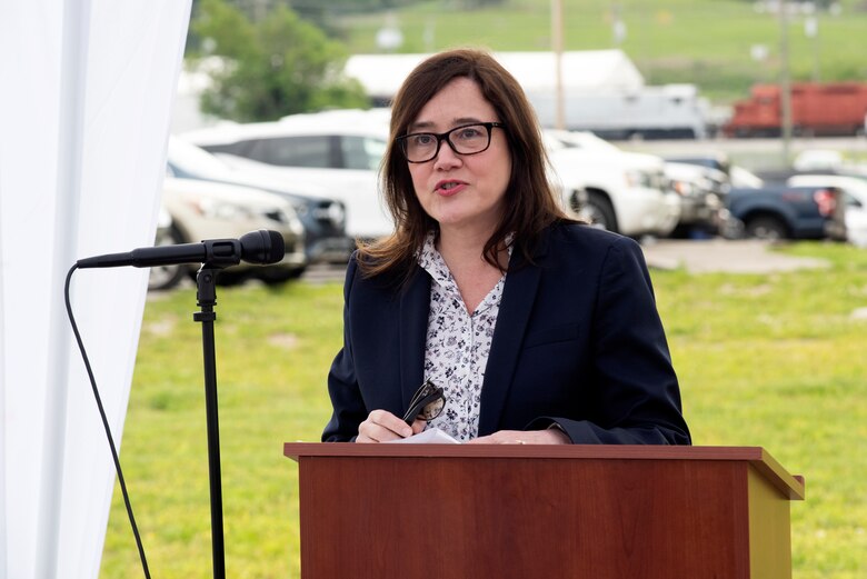 Laura Wilkerson, deputy manager for the U.S. Department of Energy’s Oak Ridge Office of Environmental Management, addresses guests May 11, 2023, during a groundbreaking ceremony to kick off construction of the K-25 Viewing Platform near the former site of the K-25 Building in Oak Ridge, Tennessee. The U.S. Army Corps of Engineers Nashville District is managing the construction project through an interagency agreement with DOE. (USACE Photo by Lee Roberts)