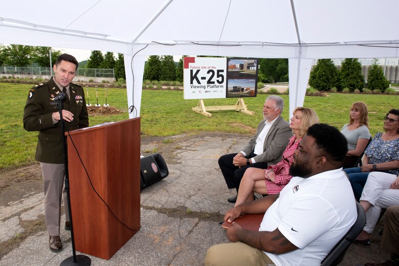 Maj. Todd Mainwaring, U.S. Army Corps of Engineers Nashville District deputy commander, speaks about a meaningful partnership with the U.S. Department of Energy during a groundbreaking ceremony May 11, 2023, in Oak Ridge, Tennessee. He also talked about how the Nashville District is excited to manage the construction of the K-25 Viewing Platform that will highlight the scope and magnitude of the former K-25 Building. (USACE Photo by Lee Roberts)
