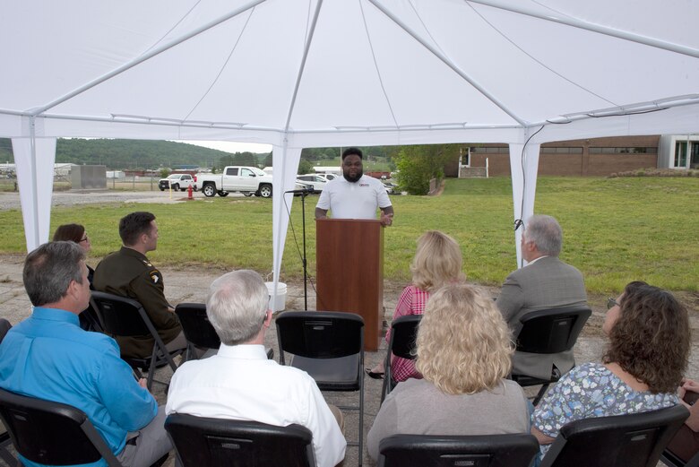 Trey Fitzpatrick, project engineer with Geiger Brothers, speaks about the contractor’s pride to be a part of constructing the K-25 Viewing Platform during a groundbreaking ceremony May 11, 2023, in Oak Ridge, Tennessee. (USACE Photo by Lee Roberts)
