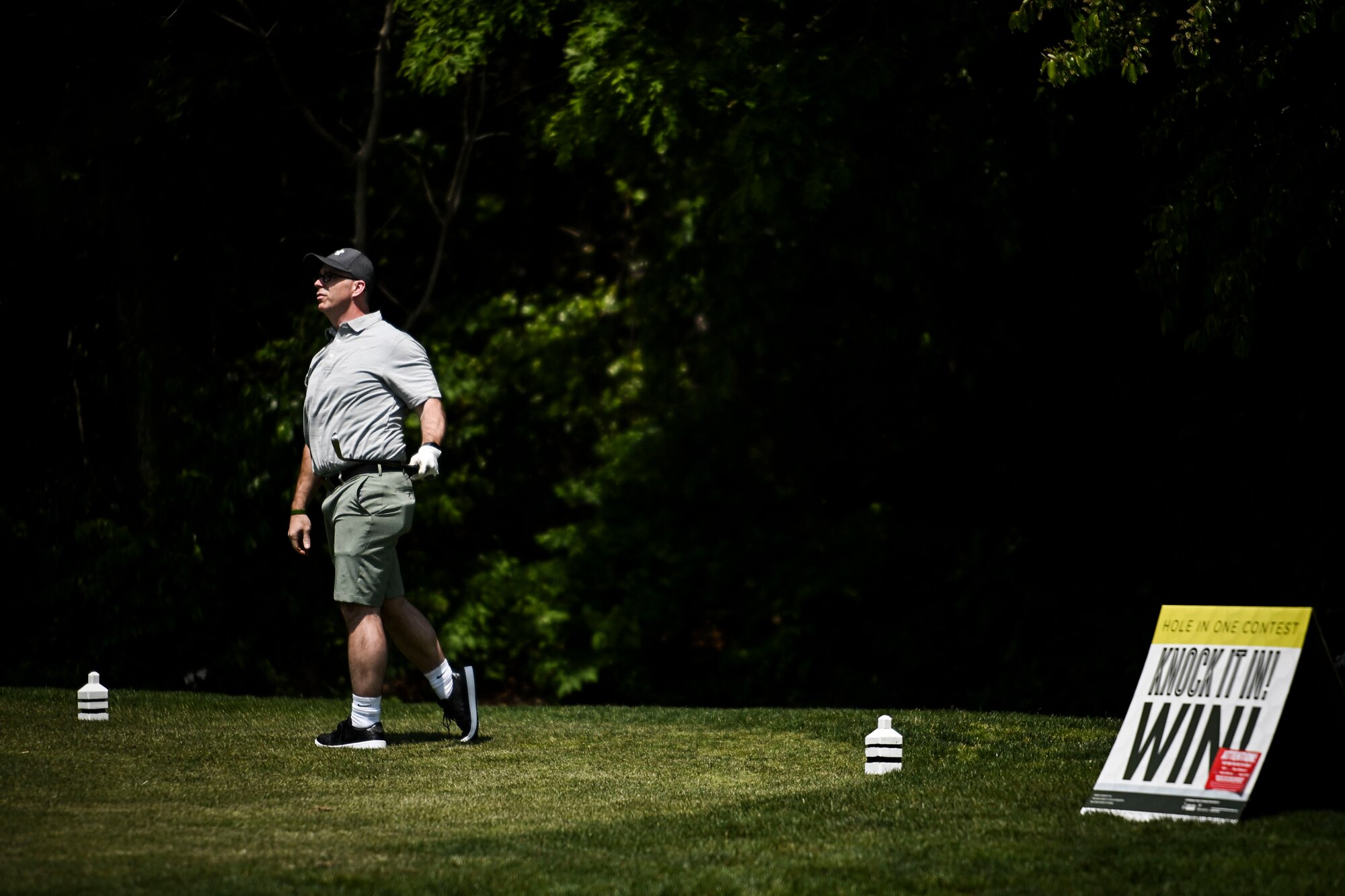 Chief Master Sgt. Timothy Bayes, 436th Airlift Wing command chief, watches his golf ball after teeing off during the Bluesuiters Golf Tournament at Jonathan’s Landing Golf Course in Magnolia, Delaware, May 11, 2023. Bluesuiters is a biannual golf tournament aimed at connecting Team Dover Airmen with local civic and business leaders. (U.S. Air Force photo by Staff Sgt. Marco A. Gomez)