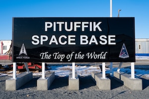PITUFFIK SPACE BASE, Greenland - The new Pituffik Space Base sign showcased at the headquarters building at Pituffik Space Base, Greenland, April 6, 2023. Pituffik, previously known as Thule Air Base, was renamed April 6, 2023. The renaming better reflects the base’s role in the U.S. Space Force, while paying homage to its ties to the Greenlandic people and culture. (U.S. Space Force photo by Senior Airman Kaitlin Castillo)