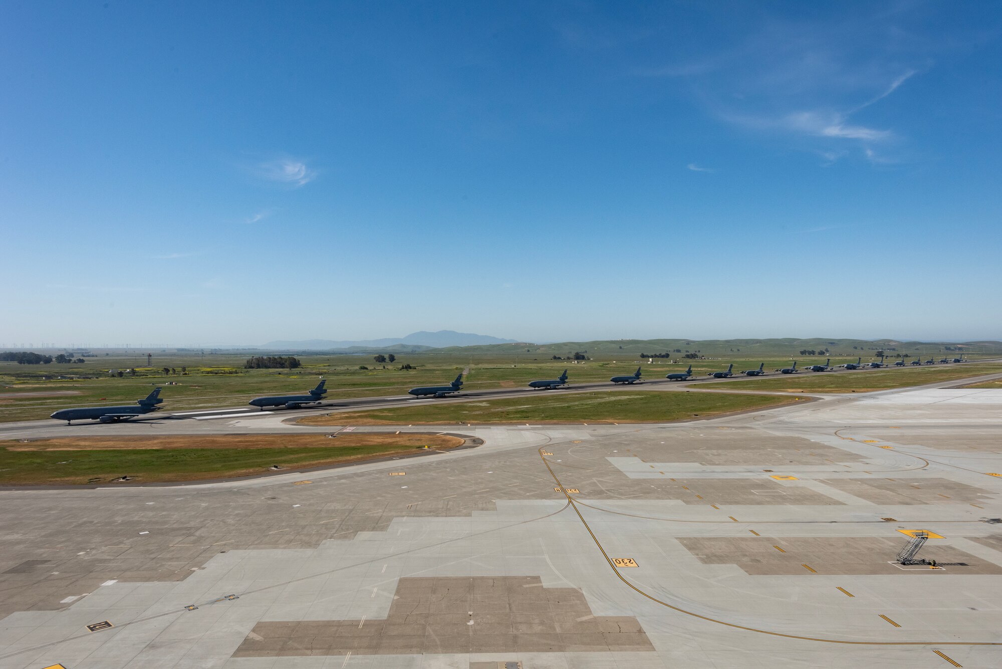 A formation of planes on the runway.