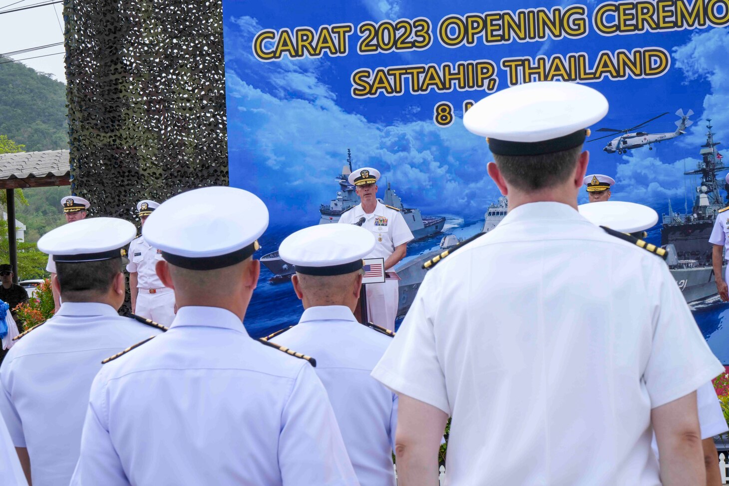 Rear Adm. Derek A. Trinque, commander Expeditionary Strike Group SEVEN/ Task Force 76 (ESG 7/ CTF 76) speaks during the opening ceremony of Cooperation Afloat Readiness and Training (CARAT)/Marine Exercise (MAREX) Thailand 2023 at Royal Thai Fleet Headquarters, May 8. CARAT/MAREX Thailand is a bilateral exercise between the Kingdom of Thailand and United States to promote regional security cooperation, practice humanitarian assistance and disaster relief, and strengthen maritime understanding, partnerships and interoperability. Thailand has been part of the CARAT exercise series since 1995. In its 29th year, the CARAT series is comprised of multinational exercises, designed to enhance U.S. and partner forces’ abilities to operate together in response to traditional and non-traditional maritime security challenges in the Indo-Pacific region.