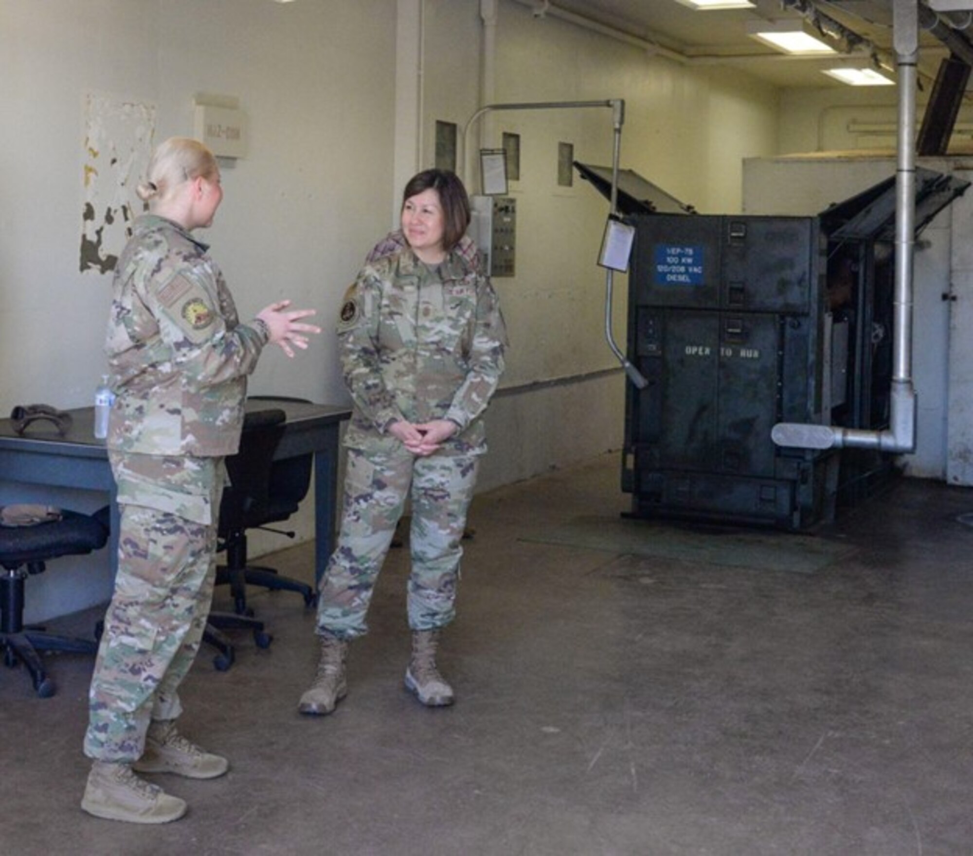 Chief Master Sgt. of the Air Force JoAnne S. Bass engages with Tech. Sgt. Brittany Ward, 366th Training Squadron instructor May 8, 2023, at Sheppard Air Force Base, Texas. Bass visited Team Sheppard taking the opportunity to experience the mission and vision of Sheppard AFB. (U.S. Air Force photo by Airman 1st Class Katie McKee)