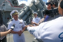 Cmdr. Leif Gunderson, commanding officer of the Arleigh Burke-class guided-missile destroyer USS Milius (DDG 69), meets with media aboard the ship during a scheduled port visit. Milius is assigned to Commander, Task Force 71/Destroyer Squadron (DESRON) 15, the Navy’s largest forward-deployed DESRON and the U.S. 7th Fleet’s principal surface force.