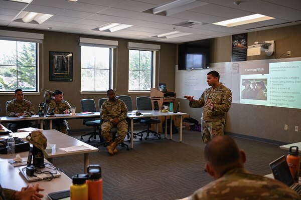 U.S. Space Force Master Sgt. Danniel De Jesus, 319th Combat Training Squadron flight chief at Peterson Space Force Base, Colo., speaks with students during the first-ever Basic Enlisted Strategic Thinking joint professional development course at the Vandenberg Space Force Base Education Center from May 8-12, 2023. Fourteen Air and Space Force non-commissioned officers attended the joint professional development course and learned about critical and strategic thinking. De Jesus created the course and Master Sgt. Bond Aulik, Team Vandenberg Development advisor, implemented it at Vandenberg. (U.S. Space Force photo by Senior Airman Tiarra Sibley)