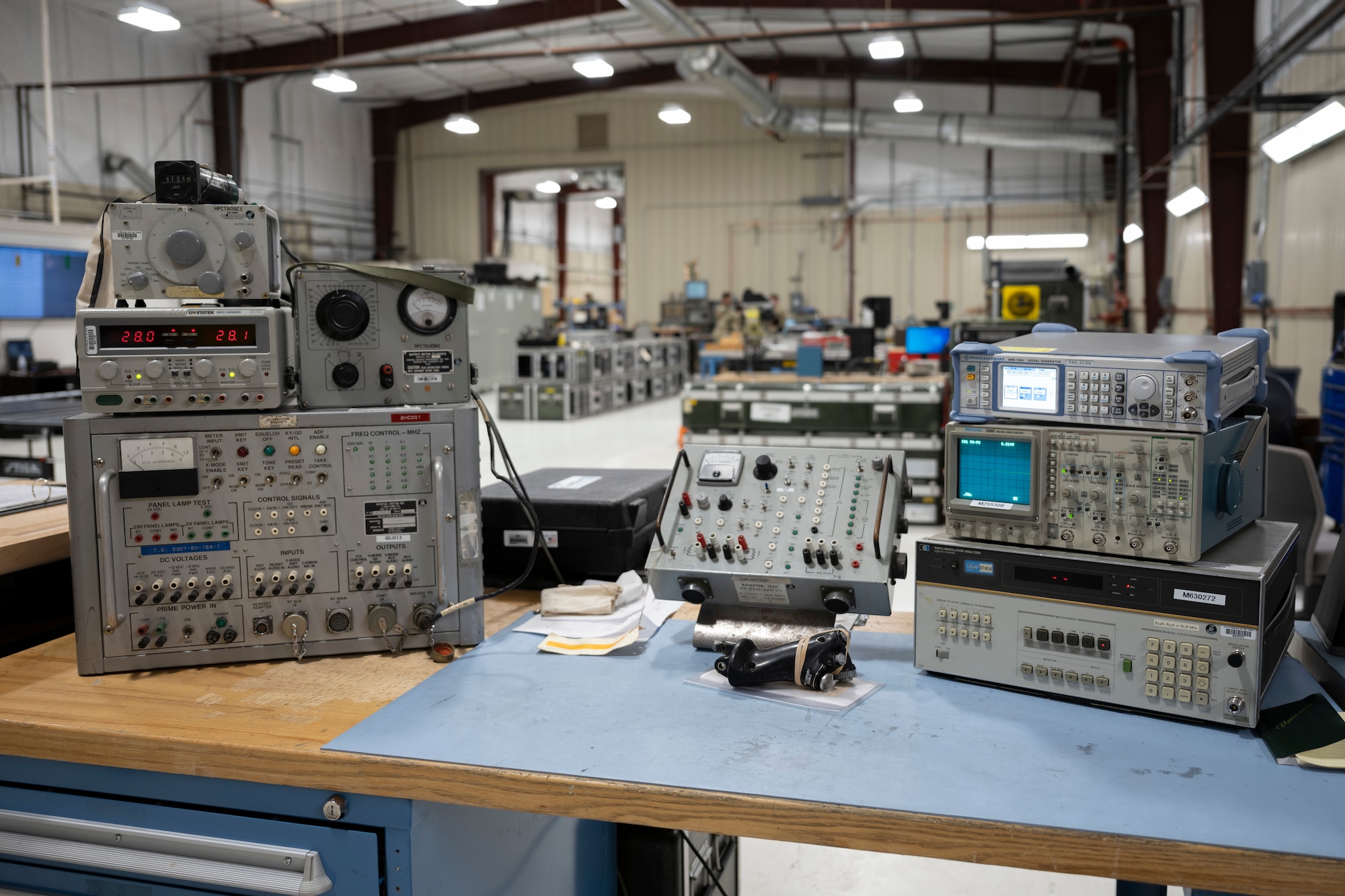 An ultra-high frequency radio transmitter is set up at the new 49th Component Maintenance Squadron facility at Holloman Air Force Base, New Mexico, May 1, 2023. The 49th CMS avionics shop has the largest workload of any active duty avionics back shop in the Air Force, working to keep F-16s in serviceable conditions. (U.S. Air Force photo by Airman 1st Class Michelle Ferrari)