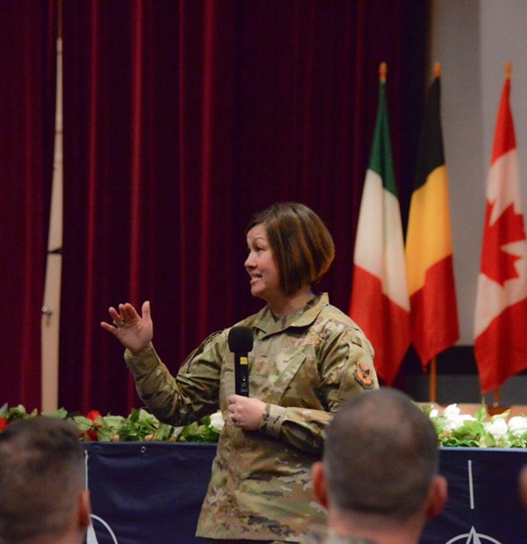 Chief Master Sgt. of the Air Force JoAnne S. Bass holds an all-call to speak with permanent party members May 8, 2023, at Sheppard Air Force Base, Texas. Bass visited Team Sheppard taking the opportunity to experience the mission and vision of Sheppard AFB. (U.S. Air Force photo by Airman 1st Class Katie McKee)