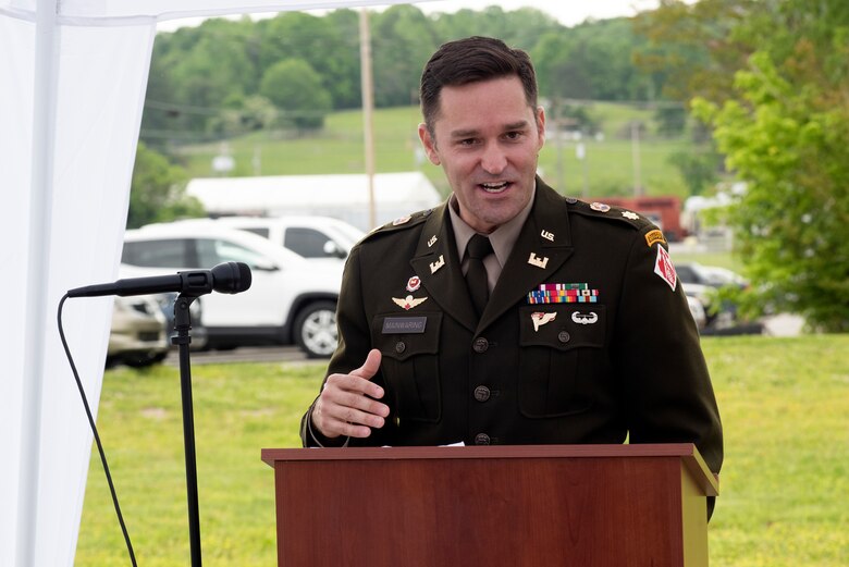 Maj. Todd Mainwaring, U.S. Army Corps of Engineers Nashville District deputy commander, speaks about a meaningful partnership with the U.S. Department of Energy during a groundbreaking ceremony May 11, 2023, in Oak Ridge, Tennessee. He also talked about how the Nashville District is excited to manage the construction of the K-25 Viewing Platform that will highlight the scope and magnitude of the former K-25 Building. (USACE Photo by Lee Roberts)