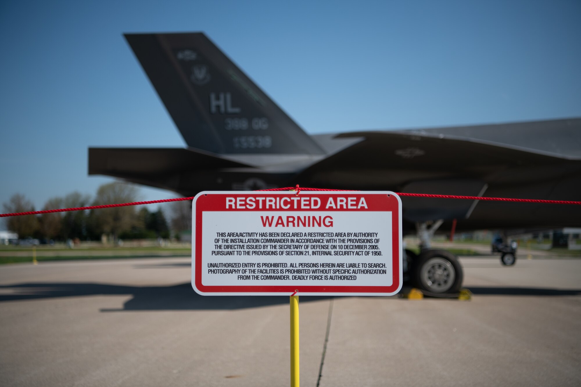 An F-35 Lightning II aircraft is on static display