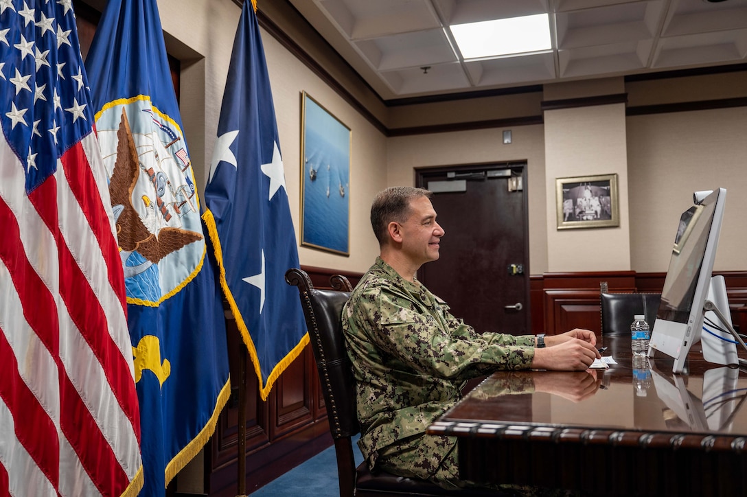 MANAMA, Bahrain (May 13, 2023) Vice Adm. Brad Cooper, commander of U.S. Naval Forces Central Command (NAVCENT), U.S. 5th Fleet and Combined Maritime Forces, conducts a video call from Manama, Bahrain, with Joint Commander of the French Forces Deployed in the Indian Ocean Vice Adm. Emmanuel Slaars, May 13, 2023.