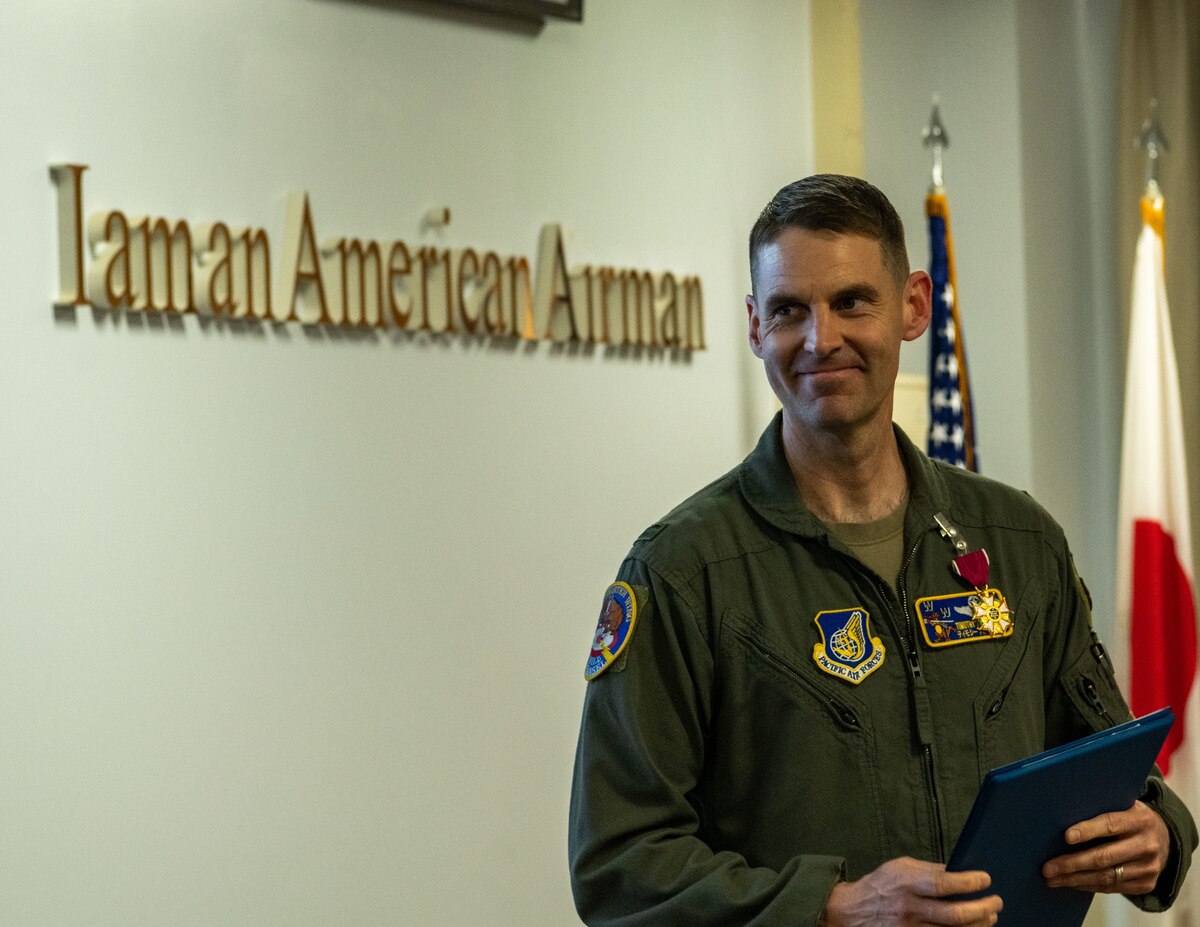 U.S. Air Force Col. Timothy Murphy, 35th Fighter Wing vice commander, smiles after receiving the Legion of Merit medal at Misawa Air Base, Japan, May 4, 2023.