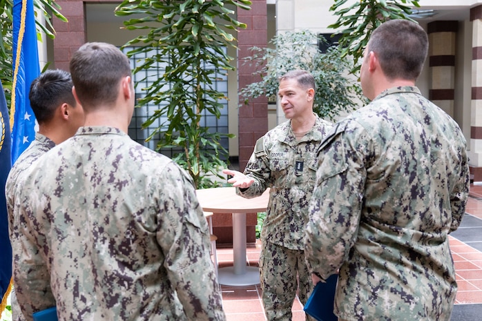 MUSCAT, Oman (May 10, 2023) Vice Adm. Brad Cooper, commander of U.S. Naval Forces Central Command, U.S. 5th Fleet and Combined Maritime Forces, speaks with Sailors from U.S. 5th Fleet's Task Force 56 at the U.S. Embassy in Muscat, Oman, May 10, 2023.