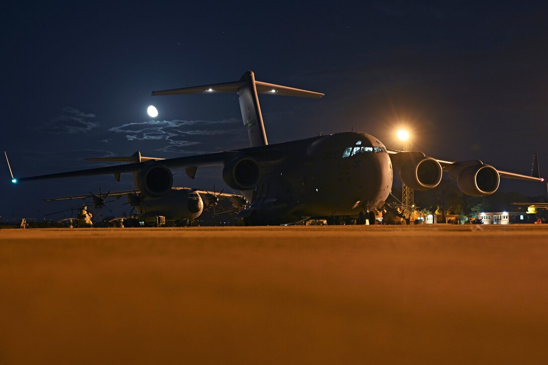 A C-17 Globemaster III prepares for takeoff.