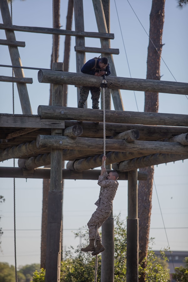 Recruits with Kilo Company, 3rd Recruit Training Battalion, navigate the Confidence Course at Marine Corps Recruit Depot Parris Island, S.C., May. 3, 2023. 

The Confidence Course is composed of various obstacles that both physically and mentally challenge recruits.

 (U.S. Marine Corps photo by Lance Cpl. Brenna Ritchie)