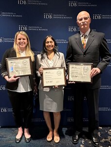 Pictured, from left, are Maj. Janessa Moyer, Rajal Ganatra and Bill Sovitsky after graduating from the Institute for Defense & Business’ Industry Based Broadening – Logistics course at Duke University in Durham, North Carolina. The three U.S. Army Medical Logistics Command team members were among 20 military leaders who attended the course from April 17 to May 2