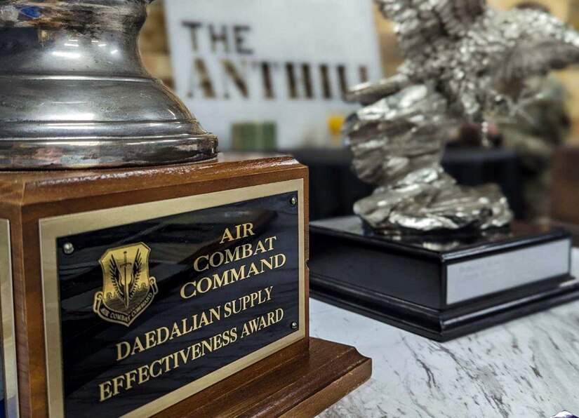 The Air Combat Command Daedalian Supply Effectiveness Award is displayed during the dedication of the 633d Logistics Readiness Squadron heritage room at Joint Base Langley-Eustis, Virginia, March 24, 2023.