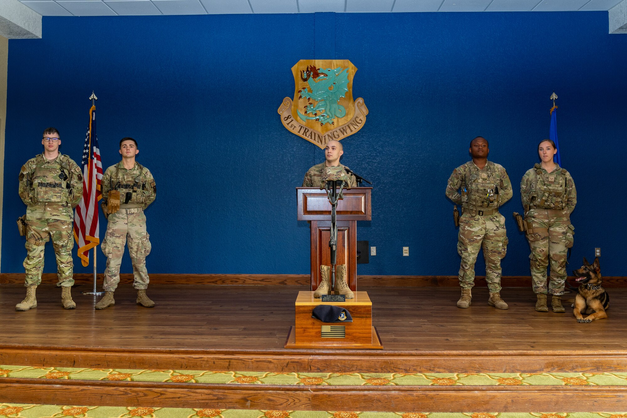 Airmen from the 81st Security Forces Squadron offer opening remarks during National Police Week’s opening ceremony at Keesler Air Force Base, Mississippi, May 15, 2023.