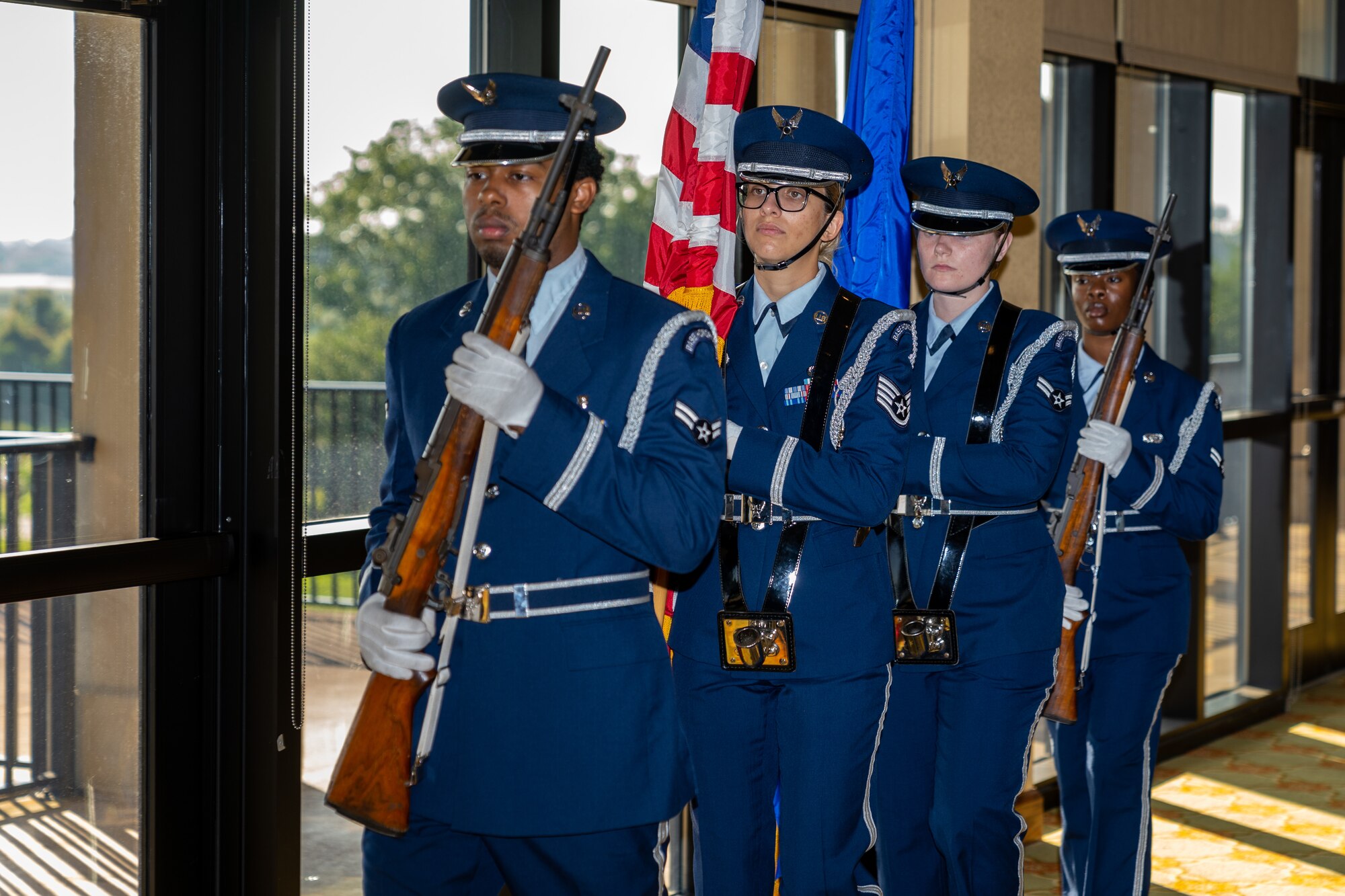 Keesler Air Force Base Honor Guard march to present the colors during the opening ceremony for National Police Week at Keesler Air Force Base, Mississippi, May 15, 2023.