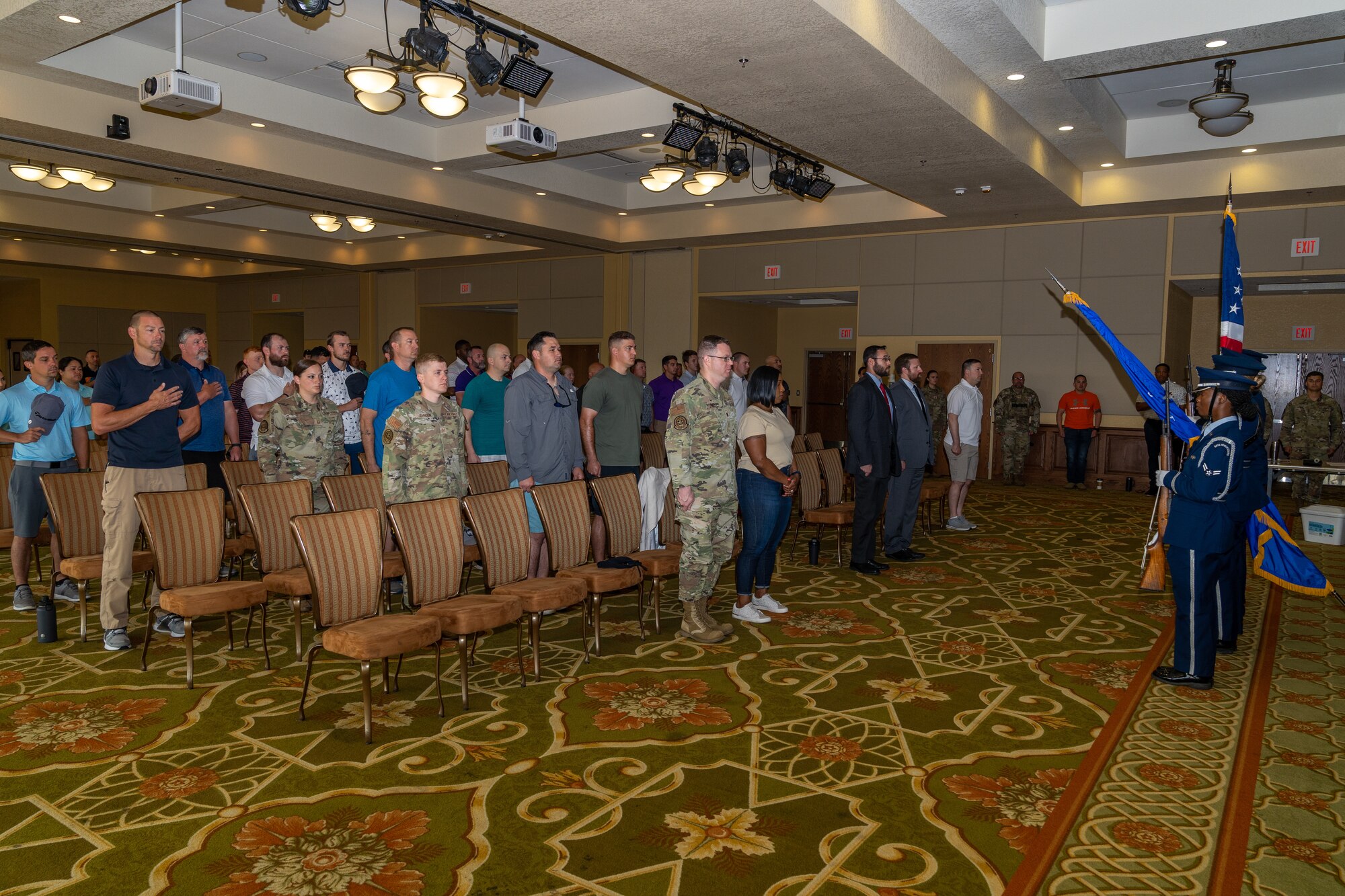 Keesler Air Force Base Honor Guard present the colors during the opening ceremony for National Police Week at Keesler Air Force Base, Mississippi, May 15, 2023.