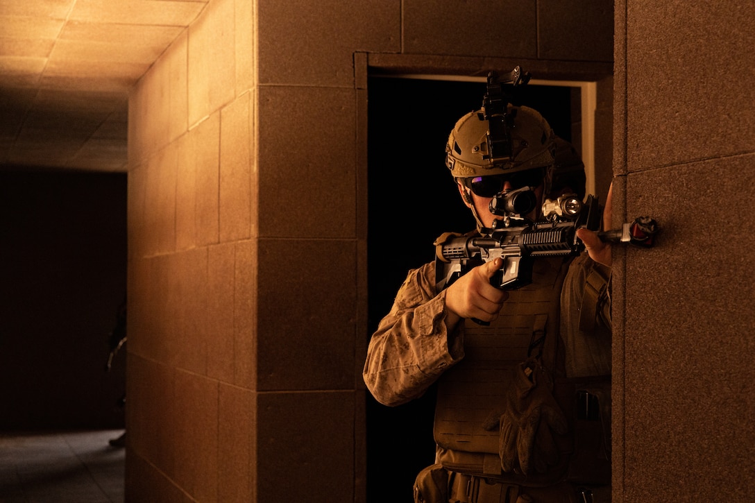 U.S. Marine Corps Lance Cpl. Nicholas Suhr with Marine Forces Command (MARFORCOM) simulates holding security during exercise Intrepid Maven 23.3 in the U.S. Central Command (CENTCOM) area of responsibility (AOR), May 14, 2023. The MARFORCOM detachment is under tactical control of Task Force 51/5 and in support of U.S. Marine Corps Forces Central Command’s exercise Intrepid Maven 23.3. The Intrepid Maven series is designed to improve unit readiness and strengthen partner nation relationships in the CENTCOM AOR.