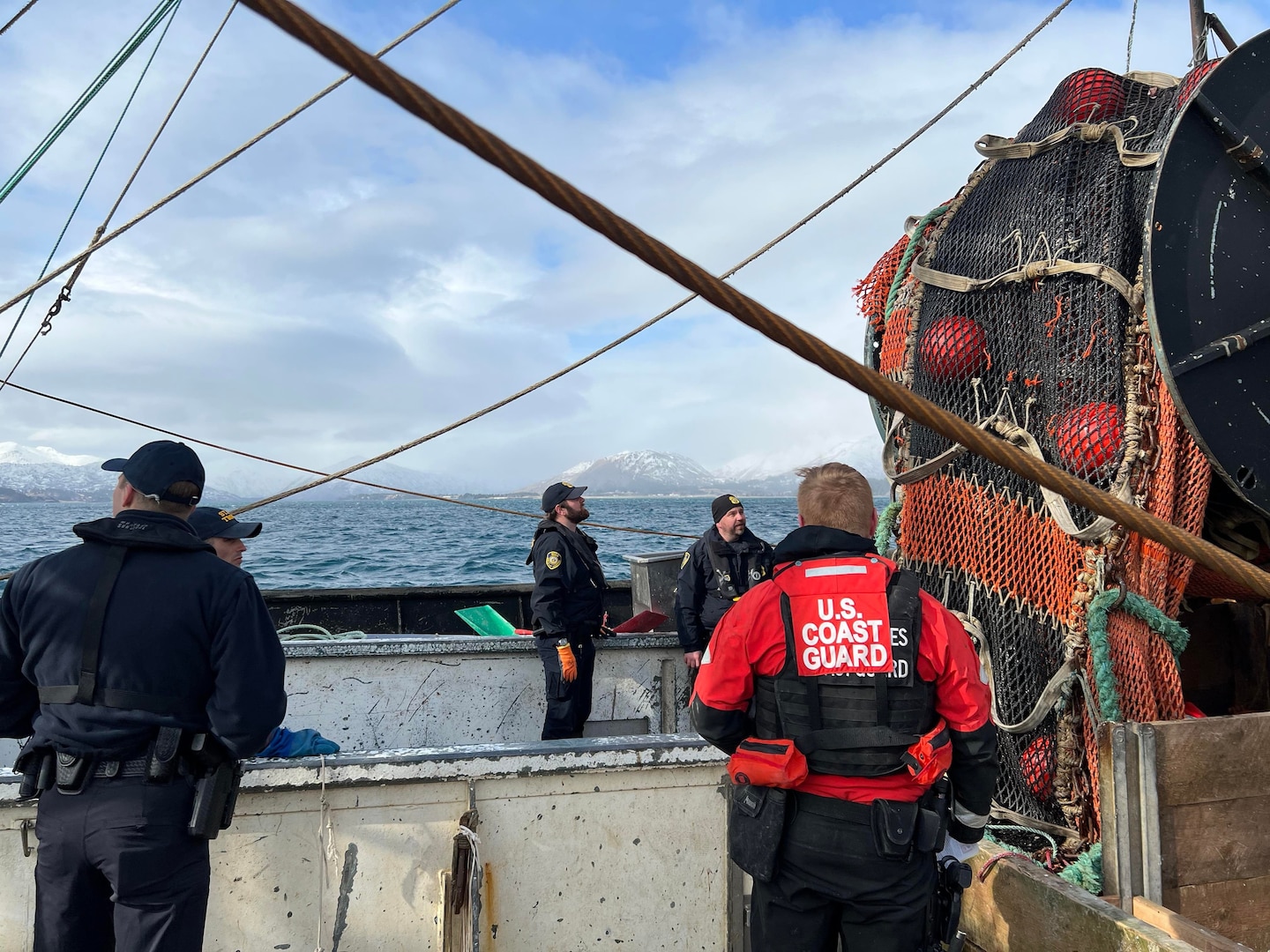 The State of Alaska filed criminal misdemeanor charges May 12, 2023, against a vessel operator for operating non-pelagic trawl gear within the Kodiak, Alaska, ground fish registration area. The trawl gear used in the area had attached to it chafing gear and chain rib lines suitable for fishing in contact with the seabed, all devices not authorized for legal pelagic trawl gear. A multi-agency law enforcement team embarked aboard Coast Guard Cutter Naushon boarded the trawler near Kodiak, Alaska, March 16, and issued several significant fisheries violations. U.S. Coast Guard courtesy photo.